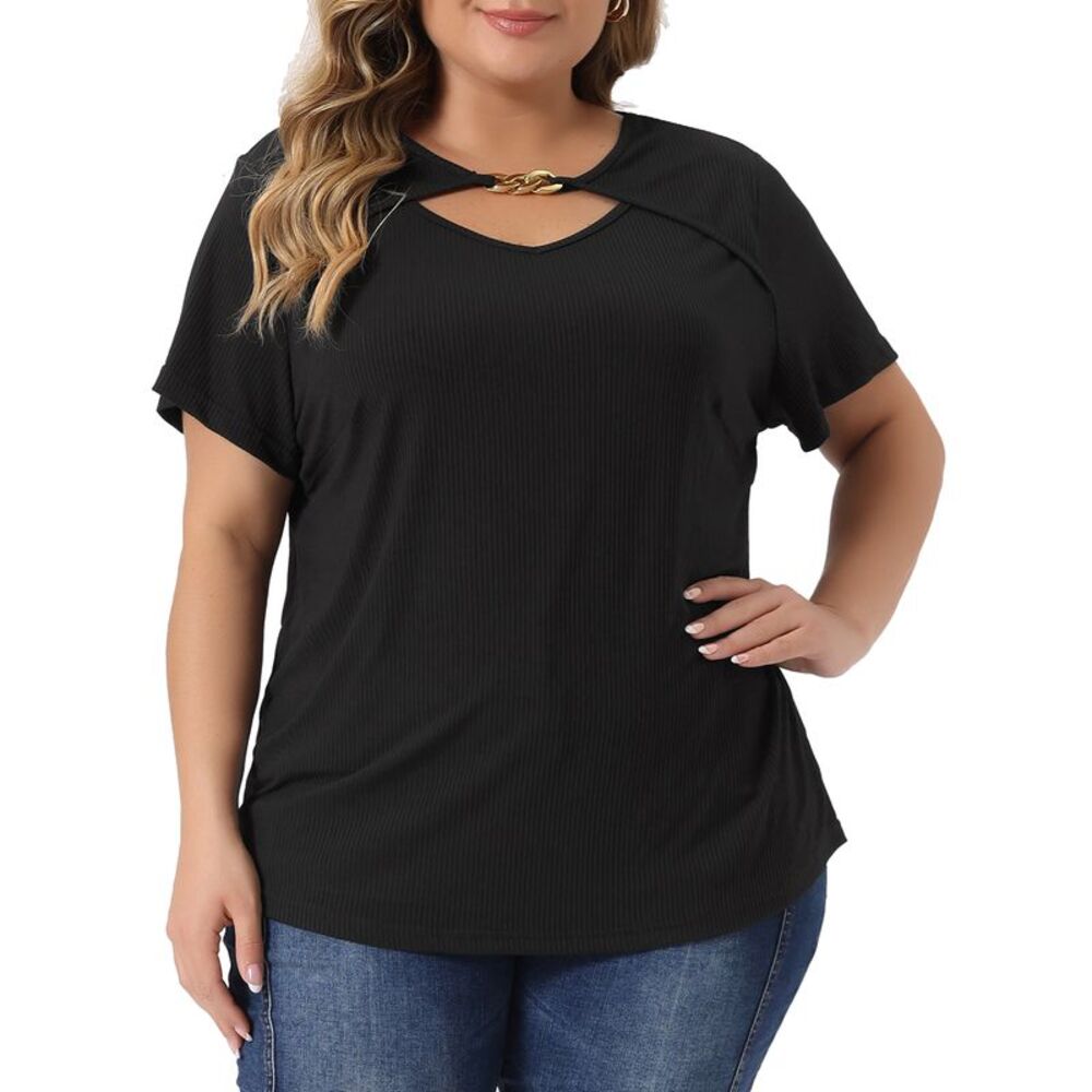 Plus Size Short Sleeve Metal Chain Crop Tops Cutout Bodycon T-Shirts Black